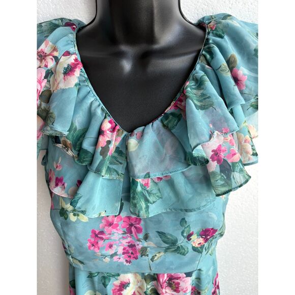 FabAlley Georgette A Line Maxi Casual Dress Size S Feminine Romantic Blue Floral - Picture 3 of 13
